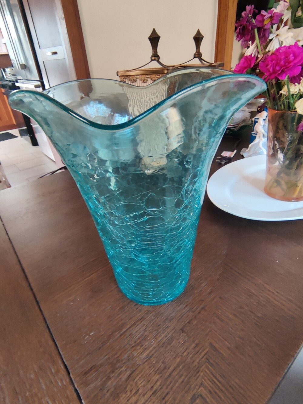 Handblown Crackle Glass Vase - Aqua Blue - Picture 4 of 7
